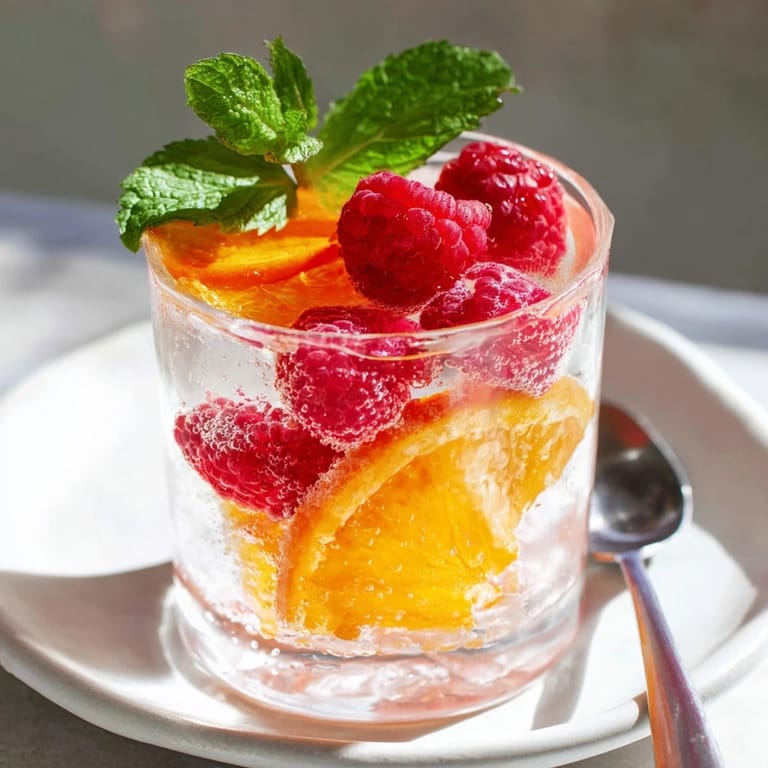 Refreshing sparkling juice with raspberries, served cold with ice and fresh fruit garnishes.