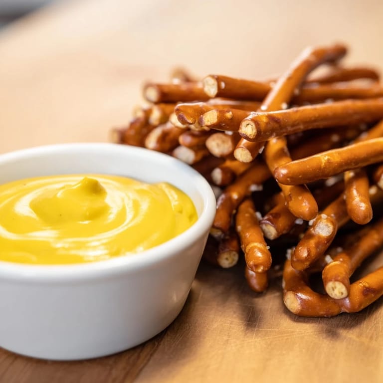 Close-up of pretzel rods with hot mustard dip—a quick, easy appetizer for game nights.
