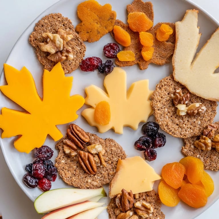 A beautiful cascade of autumnal flavors: cheese and fruit in this Thanksgiving Leaf Fall board.