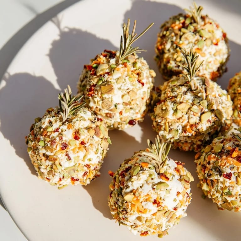Delicious Holiday Ornament Clusters: creamy cheese balls forming edible Christmas decorations with rosemary.