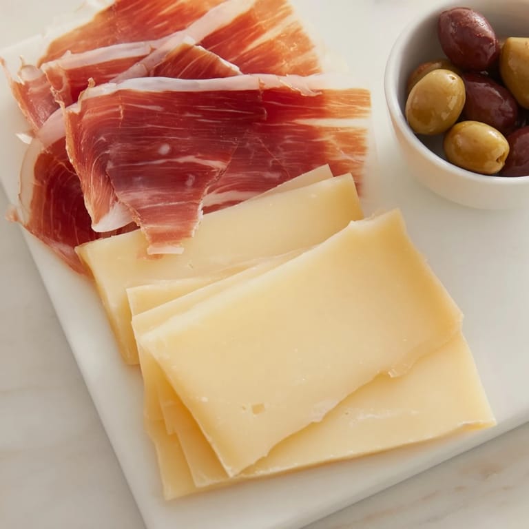 "The Minimalism Master" features perfect slices of cheese nestled alongside gourmet olives and ham.