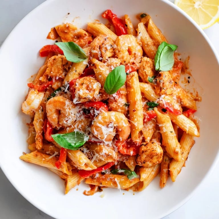 Savory one-pot Diavola Pasta with shrimp, the Italian-inspired main dish, showcasing shrimp and pasta.