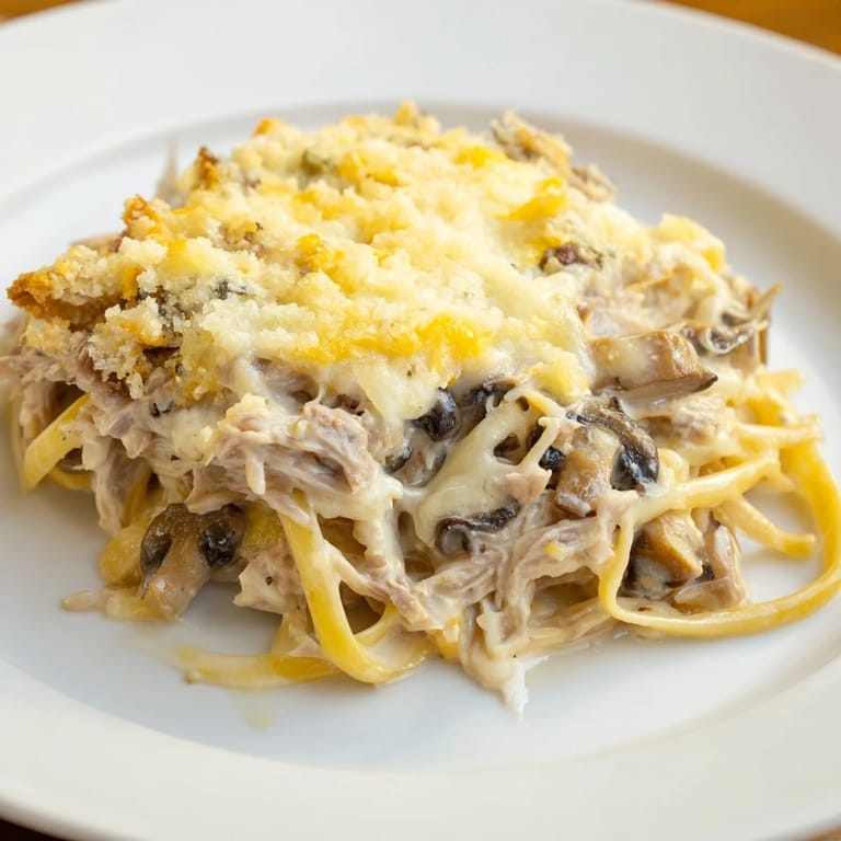 Golden, bubbling Turkey Tetrazzini casserole, a creamy pasta dish with tender turkey and cheese.