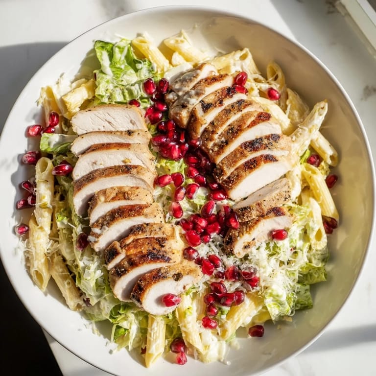 Enjoy a creamy Chicken Caesar Pasta with Pomegranate, featuring crisp lettuce and savory Parmesan cheese.