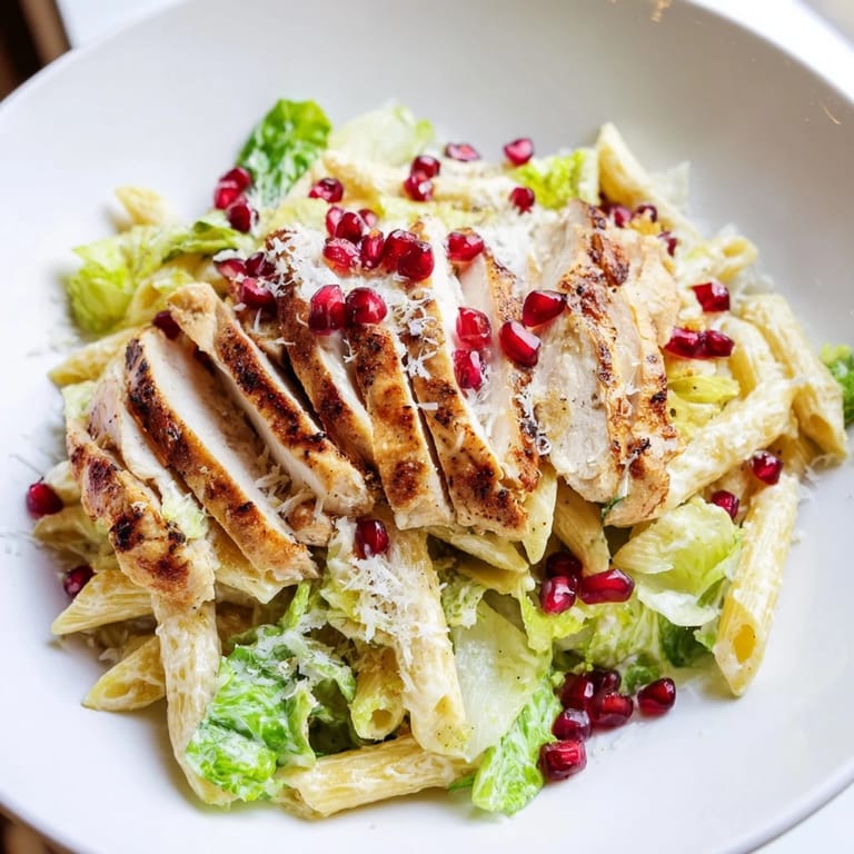 This Chicken Caesar Pasta with Pomegranate is tossed with dressing and topped with fresh pomegranate seeds.