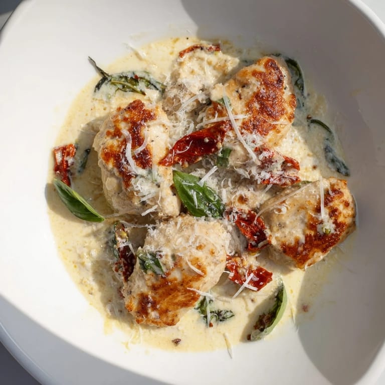 Golden-browned Marry Me Chicken breasts in a luscious sun-dried tomato sauce, ready to be served.