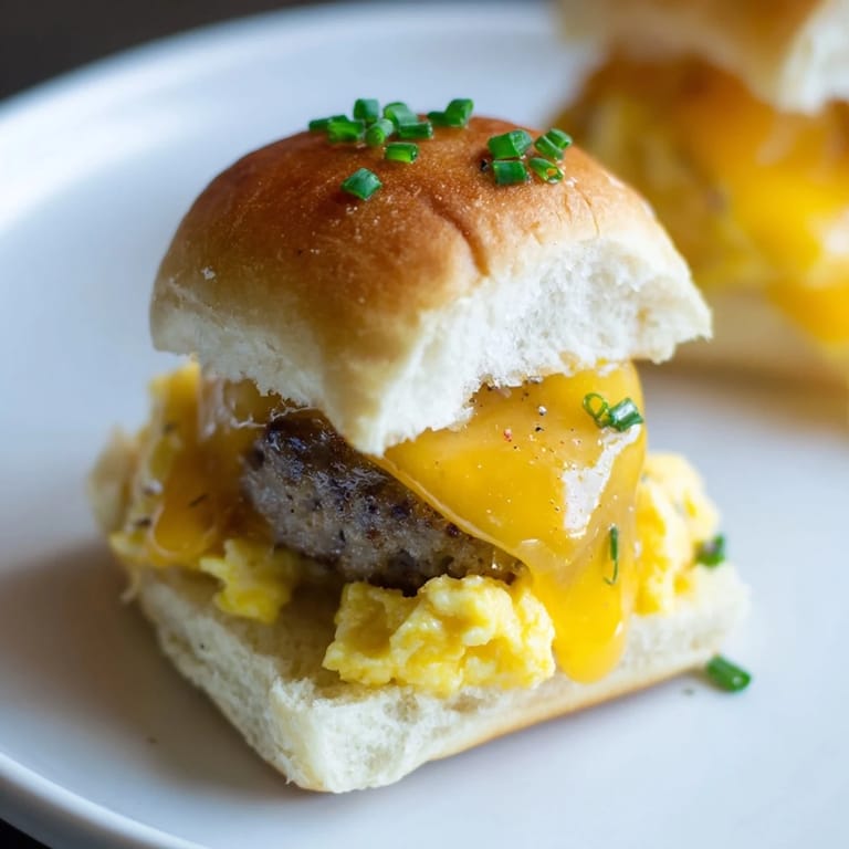 Golden-brown Mini Breakfast Sliders, filled with sausage, melted cheese, and a drizzle of maple syrup.