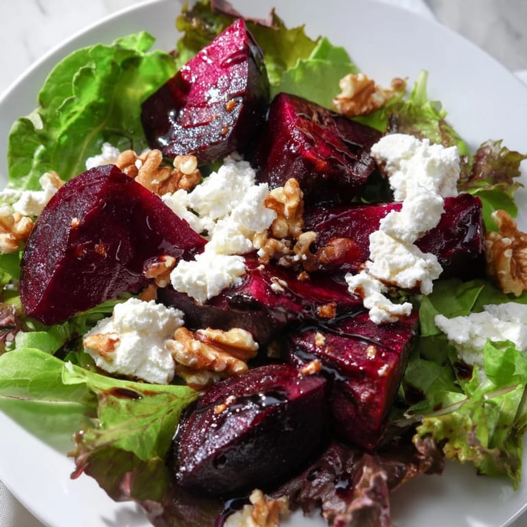 A delicious beet and goat cheese salad, ready to eat, with toasted walnuts and a tangy balsamic drizzle.