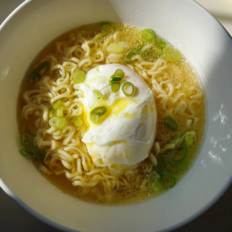 Steaming bowl of upgrade instant ramen with a perfectly cooked soft egg and scallions.