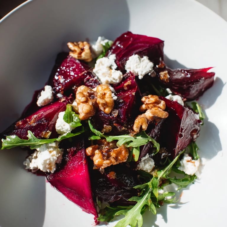 Close-up of a flavorful Roasted Beet Walnut Salad with roasted beets and goat cheese.