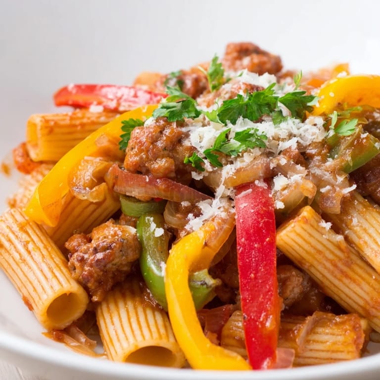 A close-up of Sausage and Peppers Pasta, perfectly plated and ready to enjoy with cheese.