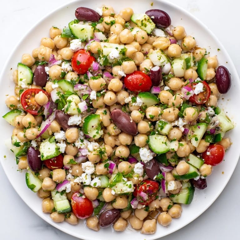 Close-up of a refreshing Mediterranean Chickpea Salad, ready to enjoy as a vegetarian lunch option.