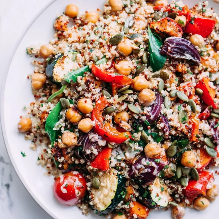 A large bowl of Quinoa Power Protein salad with colorful roasted vegetables and herbs.