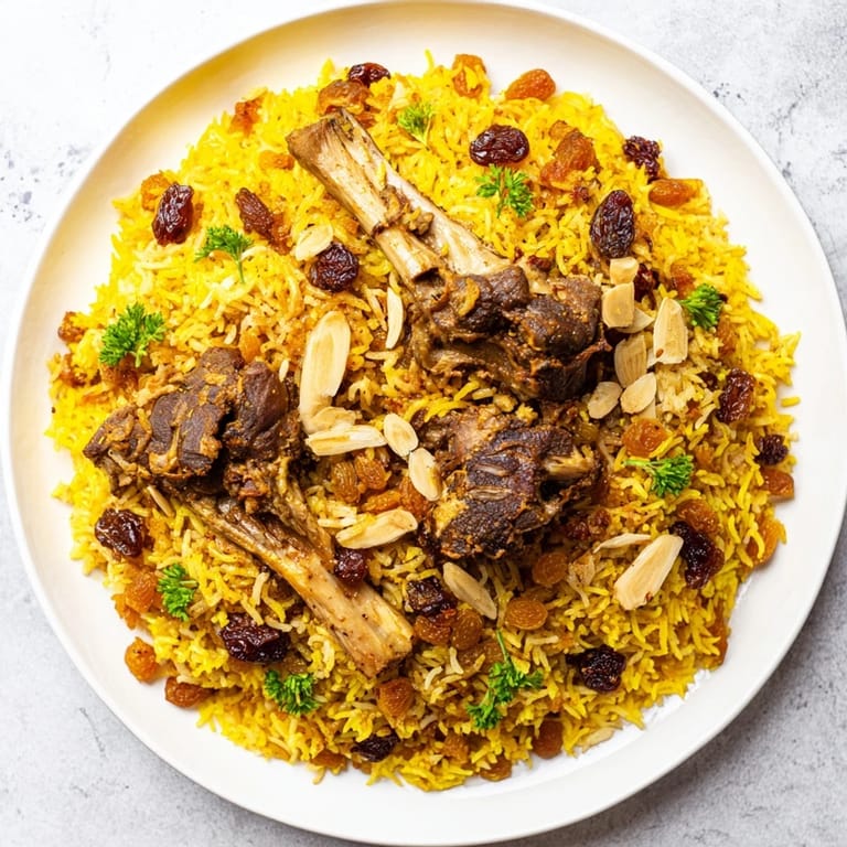 Golden raisins and spiced lamb add color and flavor to this enticing Kabsa recipe.