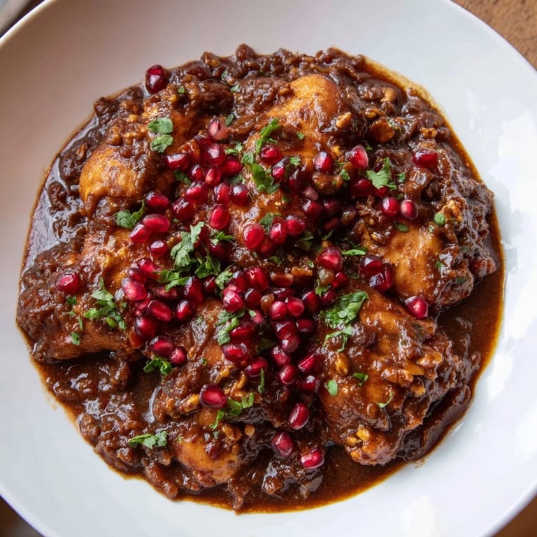 Aromatic Iranian Fesenjan, glistening with an oil sheen, offering a glimpse of the rich, dark sauce.