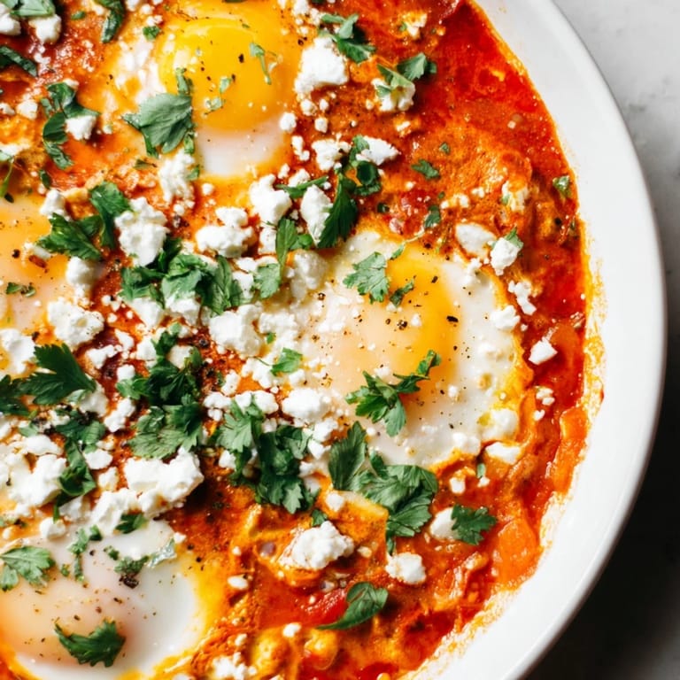 Vibrant Israeli Shakshuka features perfectly poached eggs nestled in a rich tomato and pepper sauce.