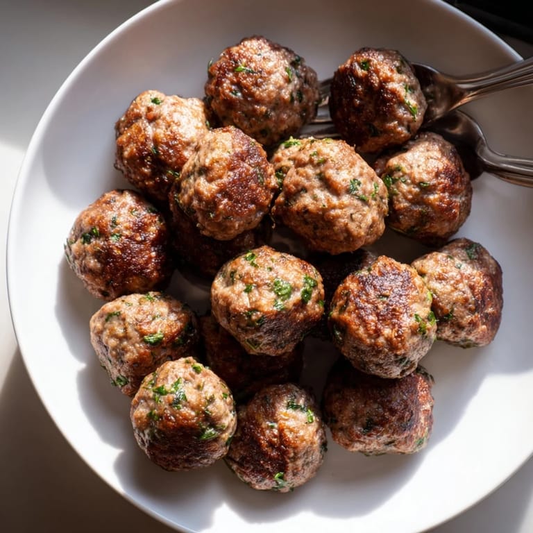 Crispy pan-fried Turkish Köfte meatballs, served hot with fresh herbs and a side of flatbread.