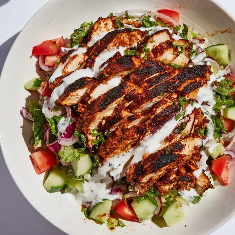 Genieße den würzigen Chicken Shawarma Salad aus gegrilltem Hähnchen, buntem Gurken-Tomaten-Mix und Joghurt-Dressing im Mittelmeerstil.