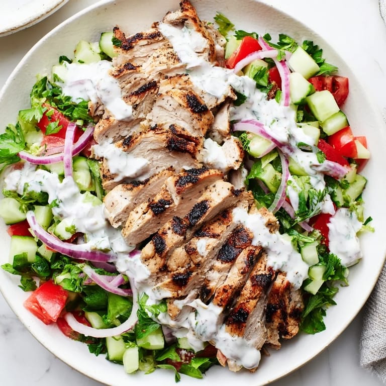 Saftiges Chicken Shawarma Salad auf einer dunklen Unterlage, serviert mit frischem Grünzeug und einer würzigen Zitronen-Yogurt-Sauce für den US-Haushalt.