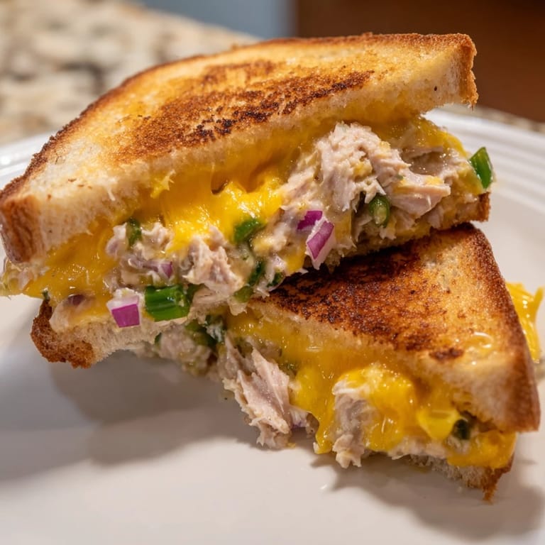 Spicy tuna melt sandwich bubbling with gooey melted cheese and zesty tuna salad, cut in half for a satisfying bite.
