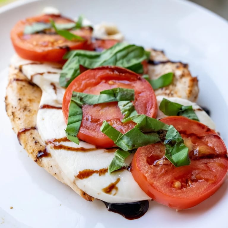 Leckeres Caprese Chicken Skillet mit saftigem Hähnchen, rot-weißen Caprese-Zutaten und einem aromatischen Balsamico-Topping im Eintopf-Style.