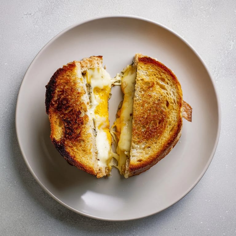Geschmolzene Mozzarella-, Cheddar- und Provolone-Füllung in diesem rustikalen Drei-Käse-Grilled Cheese Sandwich.