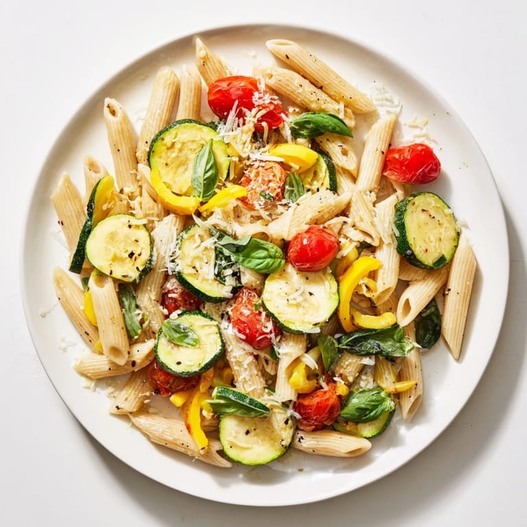Farbenfrohe Garden Veggie Pasta mit Zucchini, gelbem Kürbis und glänzenden Tomaten, vermischt mit Olivenöl und Basilikum, ideal für vegetarische Mahlzeiten.