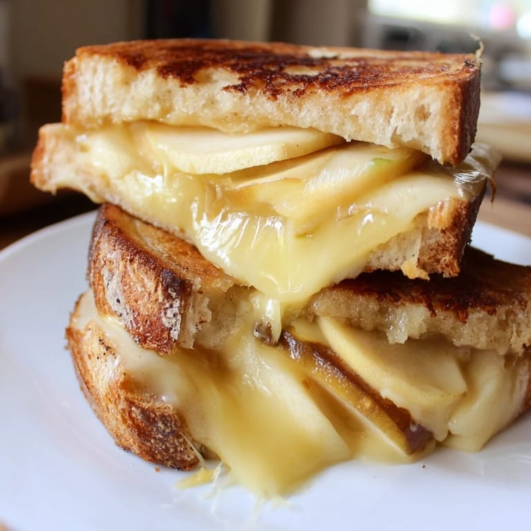 A close-up of a buttery Smoked Gouda & Apple Grilled Cheese, showcasing gooey, smoky cheese and thinly sliced apples on golden toast.  