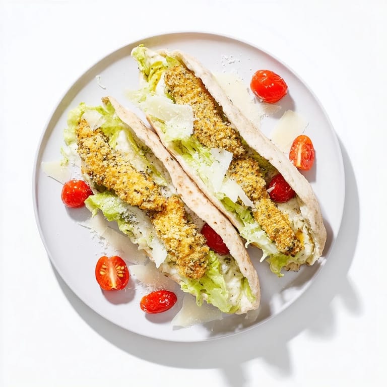 Freshly assembled Crispy Herbed Chicken Caesar Pitas showing golden chicken strips nestled in fluffy pita with salad.