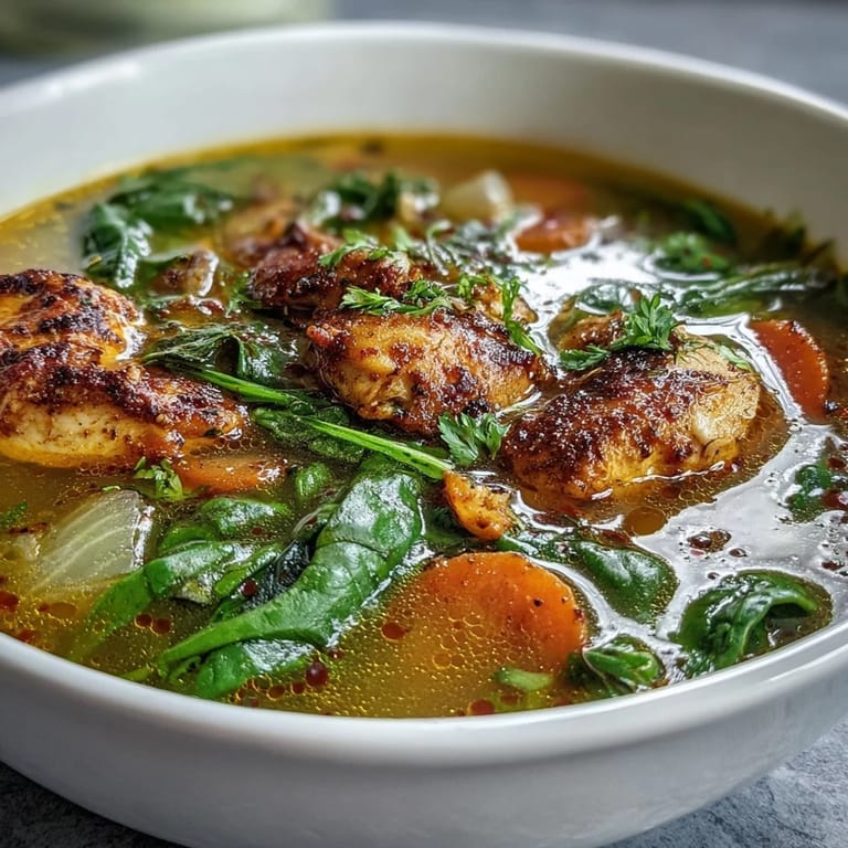 Nährreiche Turmeric Chicken Soup mit Spinat, Karotten und Zitronensaft für einen frischen Geschmack.
