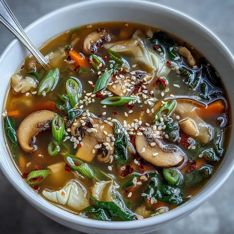 Hearty Ginger-Miso Winter Soup with silken tofu and soba noodles, garnished with cilantro and chili oil for extra warmth.
