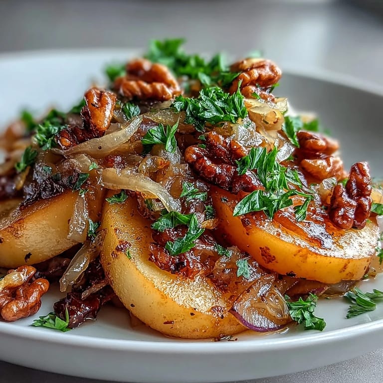 Warm Apple and Sauerkraut Skillet Salad garnished with toasted walnuts and fresh parsley on platter.