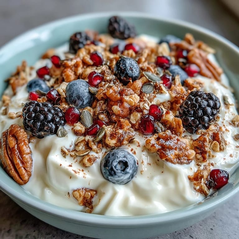 Herbstliche Joghurt-Schüssel mit Winterbeeren und warmem, knusprigem Topping vor dem Servieren.