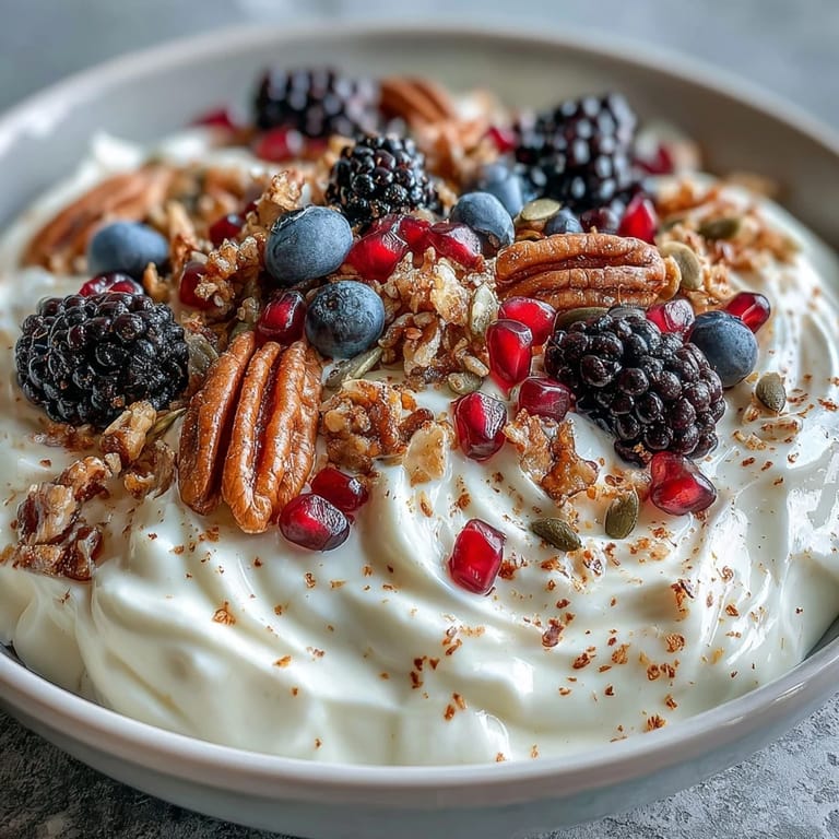 Nahrhafte Joghurt-Bowl mit tiefroten Beeren und aromatischem Gewürz-Crunch als Frühstücksluxus.
