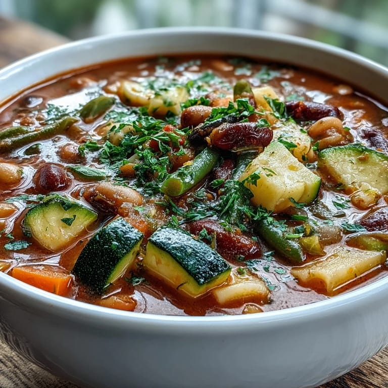 Freshly cooked Minestrone Soup served in a white bowl, topped with basil and paired with crusty bread.