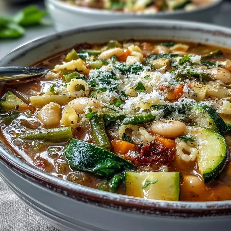 Steamy bowl of Minestrone Soup garnished with fresh parsley and Parmesan, served alongside crusty bread for dipping into the hearty broth.