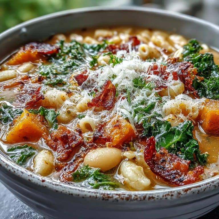 Vibrant Fall Minestrone featuring butternut squash, white beans, and kale next to crusty bread.