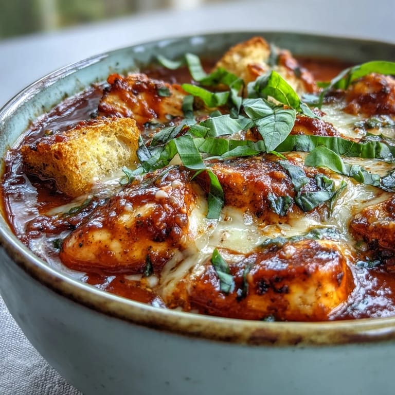 Gedünstete Grilled Chicken Parmesan Suppe mit zarten Hähnchenstücken, frischer Basilikum-Kräuternote und einer Käsehaube aus Parmesan und Mozzarella.