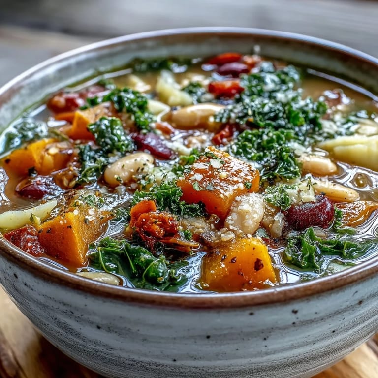 Gemütliches Winter Minestrone Soup, fertig zum Servieren mit knusprigem Brot.
