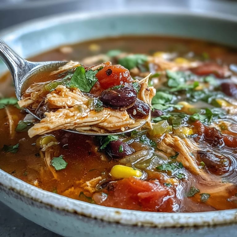 Southwestern Turkey Soup in Topf mit Löffel, Gewürzen und frischen Tortilla-Chips am Rand.