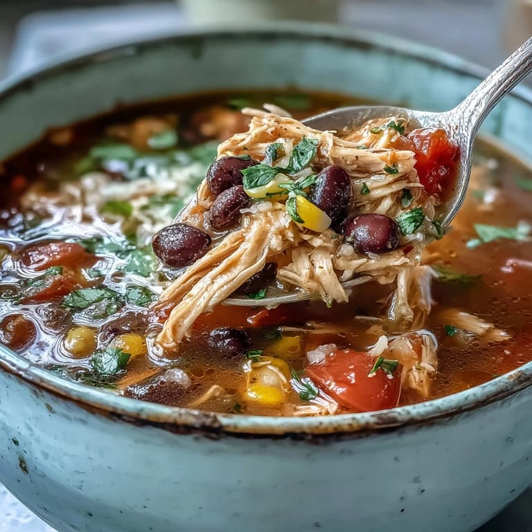 Heiße Southwestern Turkey Soup mit Bohnen und Mais, garniert mit Käse und Sauerrahm.
