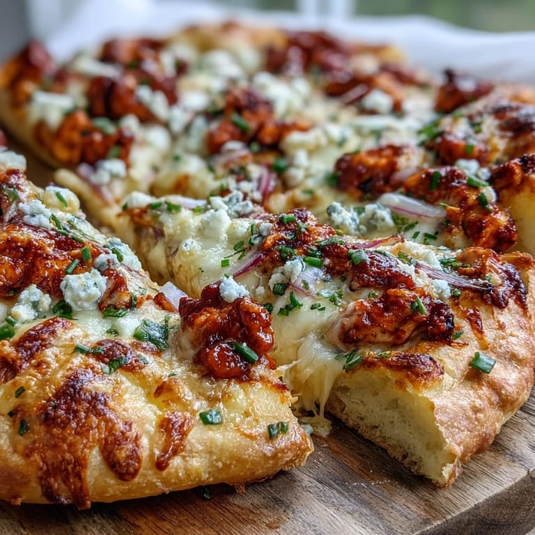 Frisch aus dem Ofen kommende Buffalo Chicken Pizza mit rostetem Teigrand und würziger Ranch-Sauce für scharfe Genussmomente.