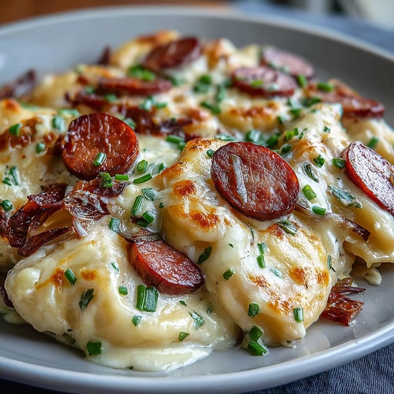 Gesättigter Teller mit Crockpot Pierogi Casserole mit Kielbasa, cremiger Sauce und gebratenen Kielbasa-Stücken, perfekt für ein Herbstessen.