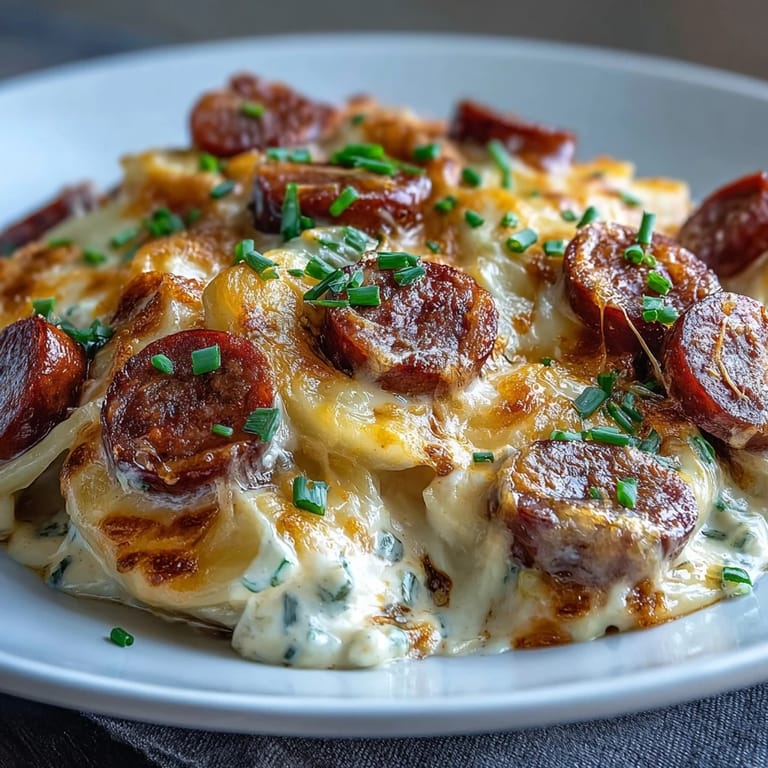 Trägen Crockpot Pierogi Casserole mit Kielbasa, dampfend aus dem Slow Cooker und garniert mit saurer Sahne und Schnittlauch.
