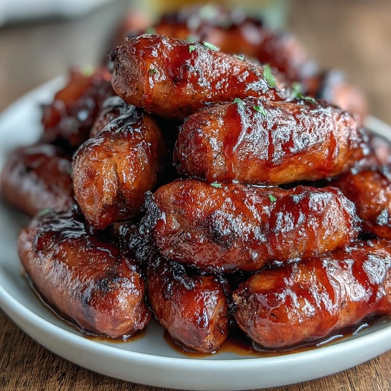 Sticky barbecue cocktail sausages simmered slowly with apricot jam ideal for game day snacking.