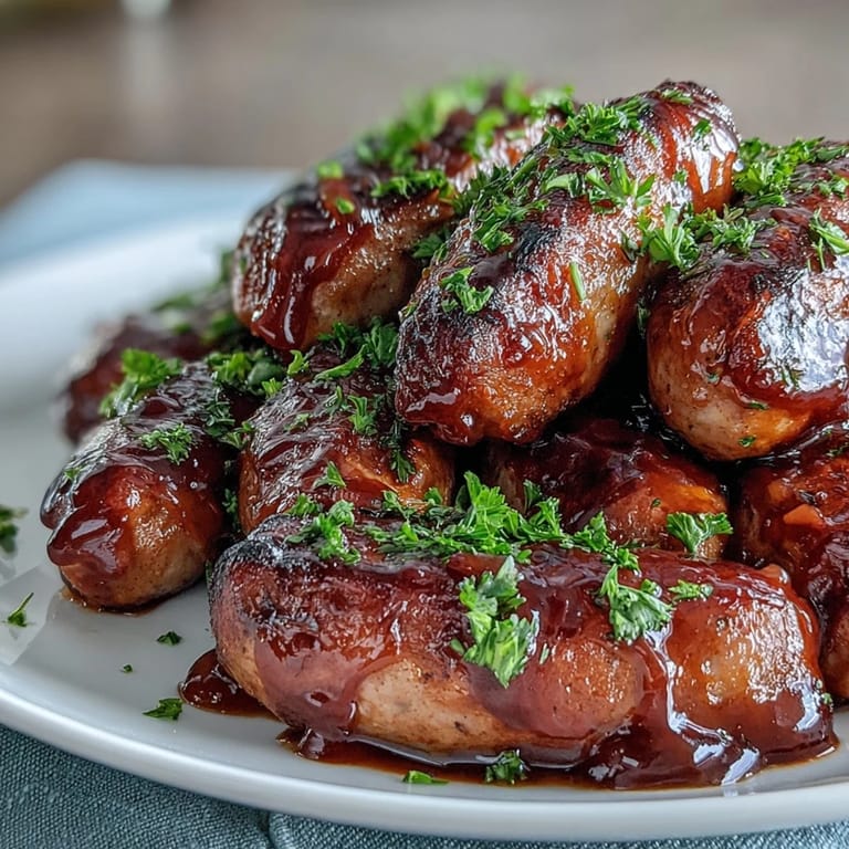 Tender mini sausages glazed in tangy barbecue sauce simmering in a crock pot for a party.