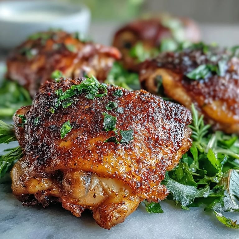 Juicy Crispy Baked Bone-In Chicken Thighs plated with lemon wedges and fresh parsley, ready for dinner.