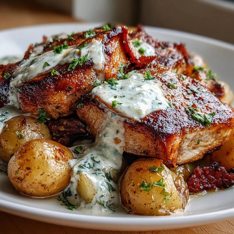 Golden brown Crockpot Ranch Pork Chops served in a rich ranch sauce, alongside baby potatoes and carrots for a comforting family dinner.