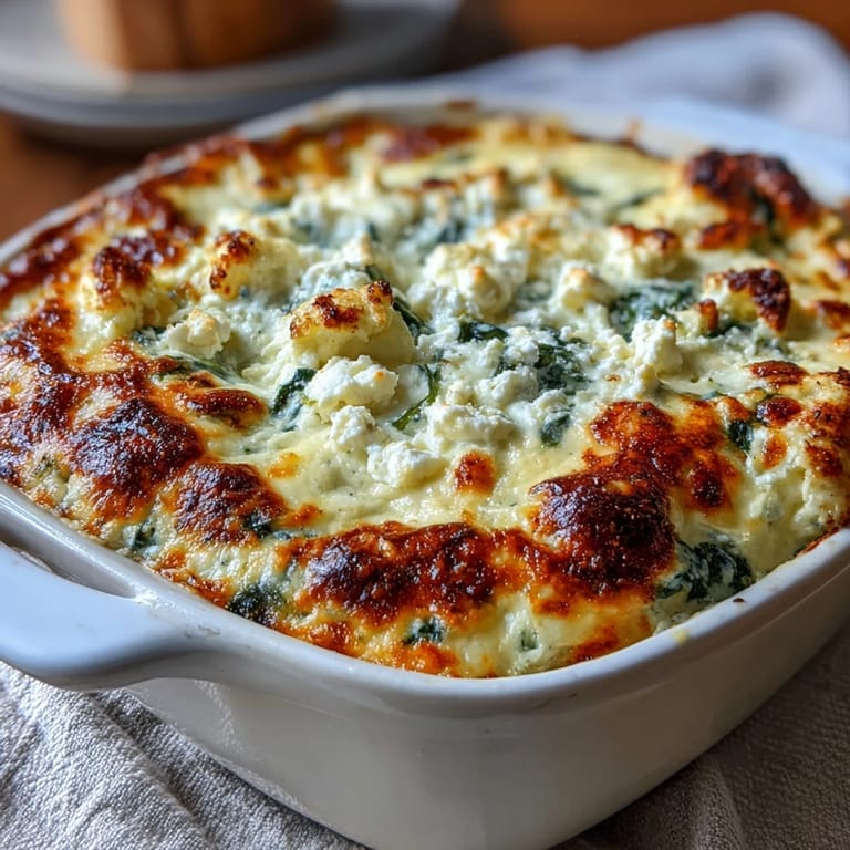 Savory High Protein Spinach Artichoke Bake served warm, steam rising from the cheesy cottage cheese center.