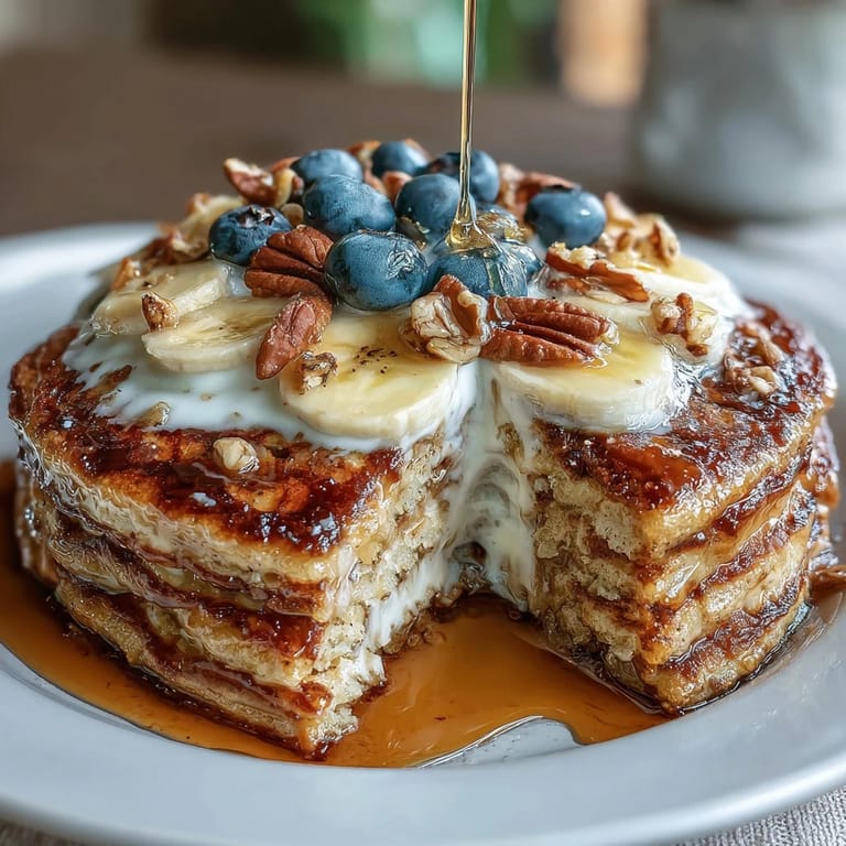 Protein Pancake Bowl liegt warm in einer Schale mit Nüssen, Saaten und zartem Honig-Tropfen darauf.